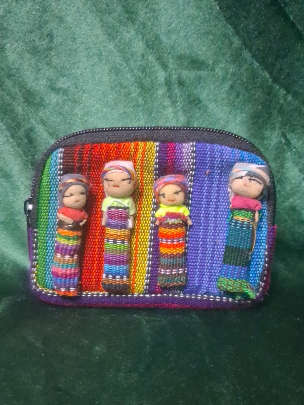 Vintage Handmade Guatemalan Worry Doll Zipper Coin Pouch Boho Aztec